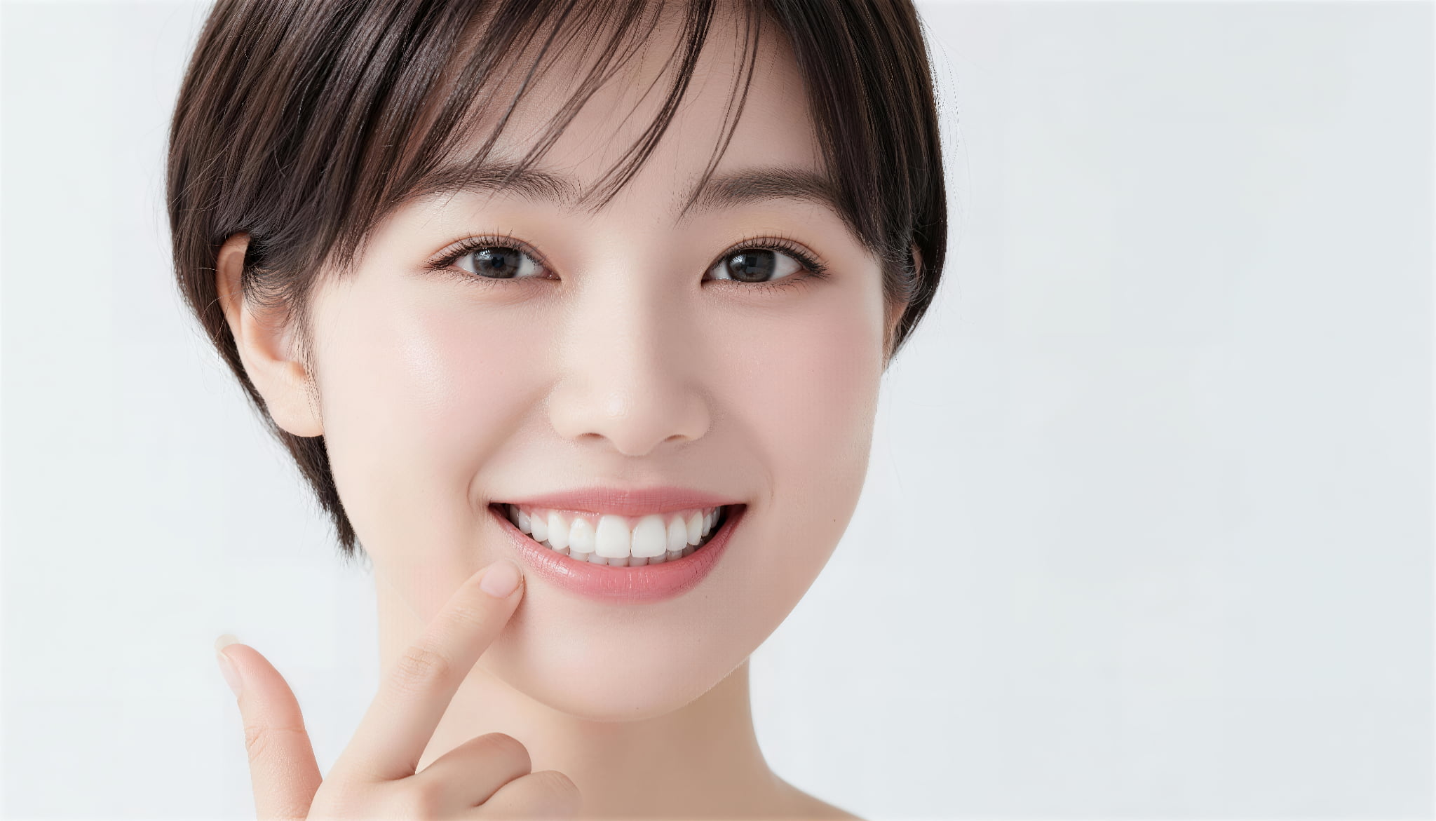 セラミックの歯を指さして笑顔を見せる女性